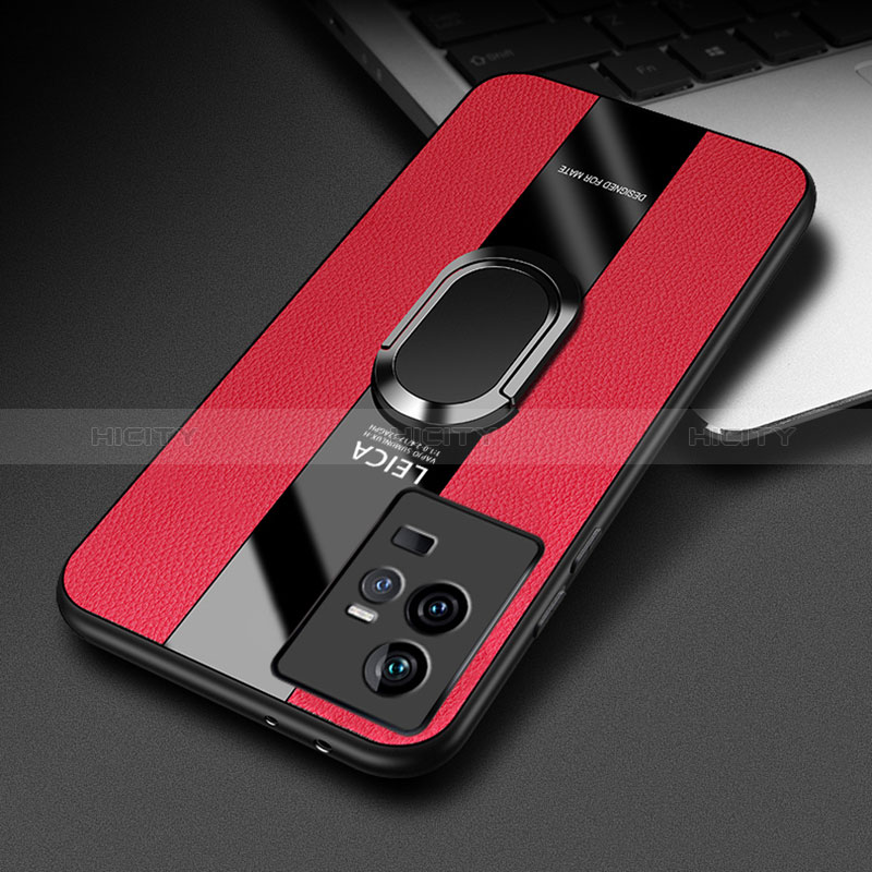 Silikon Hülle Handyhülle Gummi Schutzhülle Flexible Leder Tasche mit Magnetisch Fingerring Ständer PB2 für Vivo iQOO 11 Pro 5G Rot