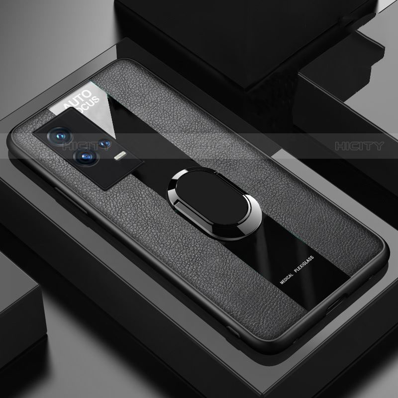 Silikon Hülle Handyhülle Gummi Schutzhülle Flexible Leder Tasche mit Magnetisch Fingerring Ständer S01 für Vivo iQOO 8 Pro 5G Schwarz