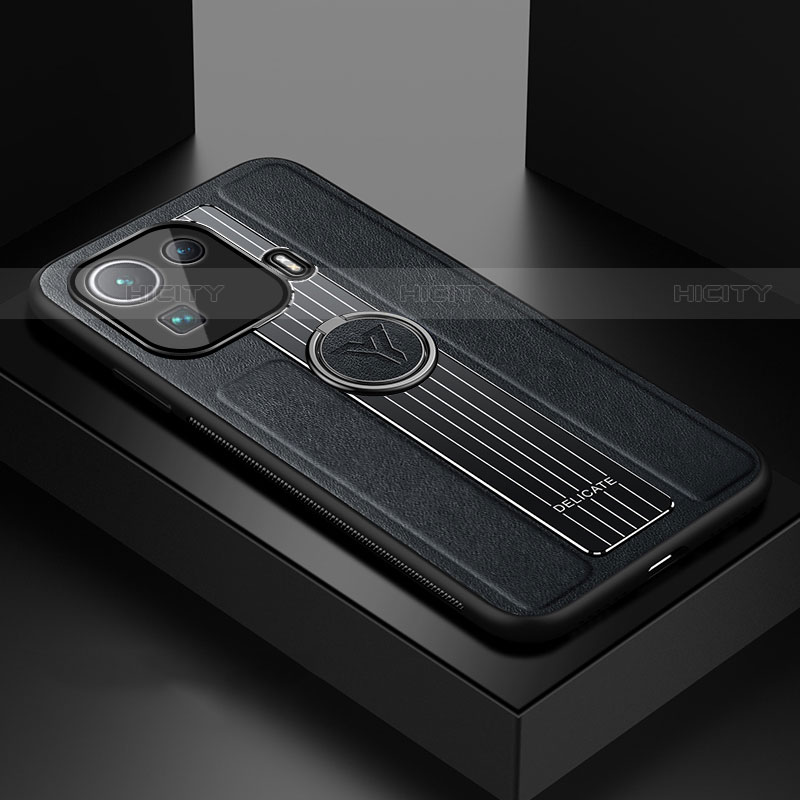 Silikon Hülle Handyhülle Gummi Schutzhülle Flexible Leder Tasche mit Magnetisch Fingerring Ständer S01 für Xiaomi Mi 11 Pro 5G Schwarz