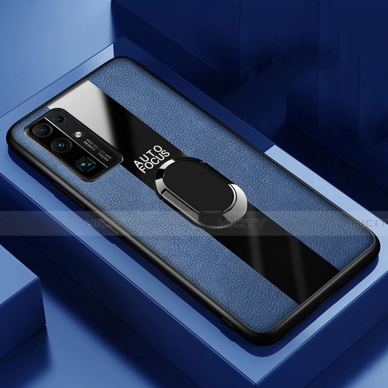 Silikon Hülle Handyhülle Gummi Schutzhülle Flexible Leder Tasche mit Magnetisch Fingerring Ständer S02 für Huawei Honor 30 Blau