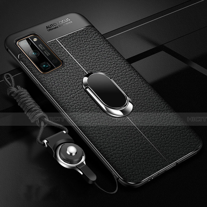 Silikon Hülle Handyhülle Gummi Schutzhülle Flexible Leder Tasche mit Magnetisch Fingerring Ständer S03 für Huawei Honor 30 Pro+ Plus Schwarz