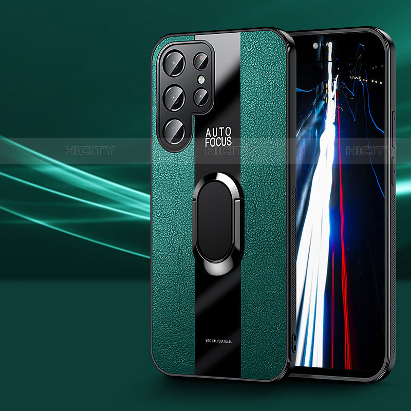 Silikon Hülle Handyhülle Gummi Schutzhülle Flexible Leder Tasche mit Magnetisch Fingerring Ständer S03 für Samsung Galaxy S22 Ultra 5G