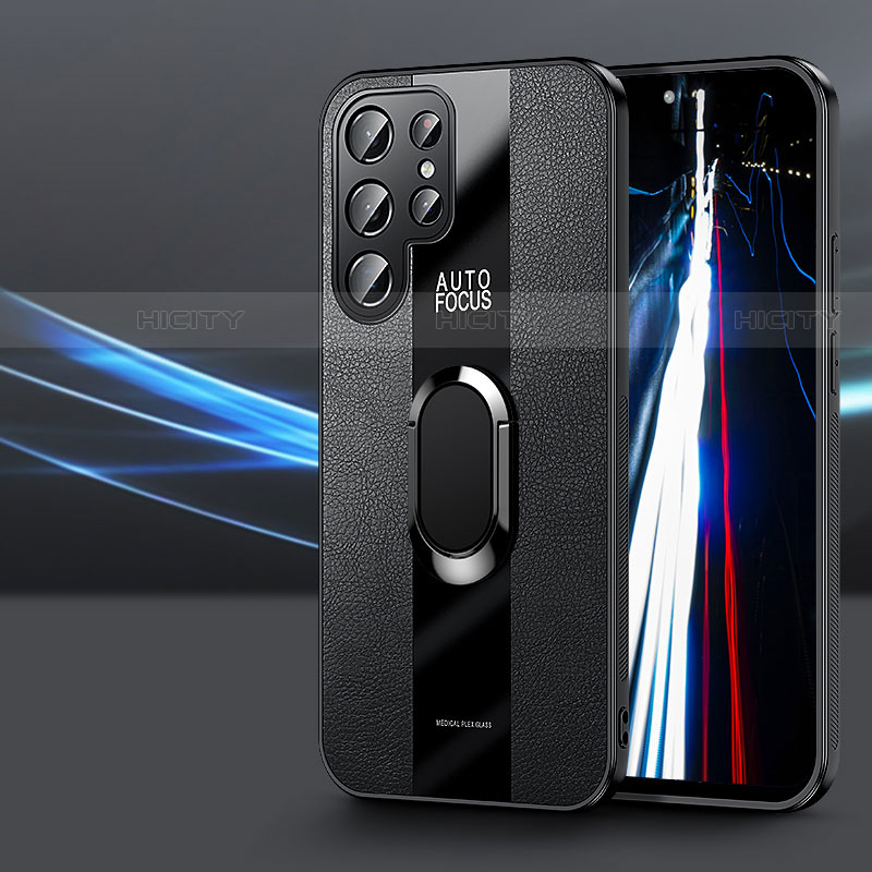 Silikon Hülle Handyhülle Gummi Schutzhülle Flexible Leder Tasche mit Magnetisch Fingerring Ständer S03 für Samsung Galaxy S22 Ultra 5G Schwarz