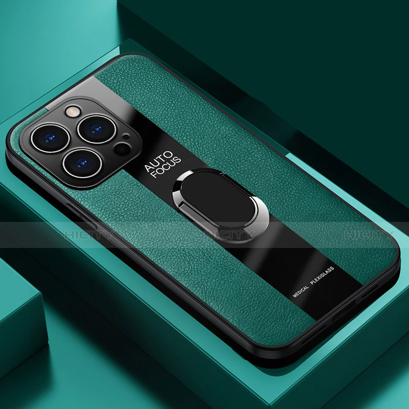 Silikon Hülle Handyhülle Gummi Schutzhülle Flexible Leder Tasche mit Magnetisch Fingerring Ständer S04 für Apple iPhone 13 Pro Max Grün