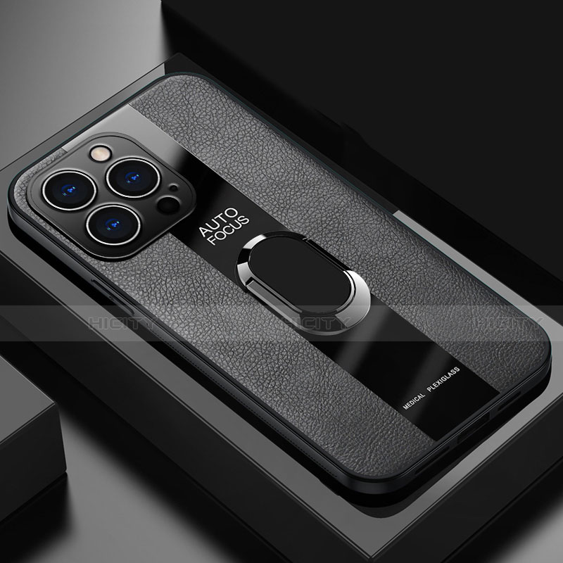 Silikon Hülle Handyhülle Gummi Schutzhülle Flexible Leder Tasche mit Magnetisch Fingerring Ständer S04 für Apple iPhone 13 Pro Max Schwarz