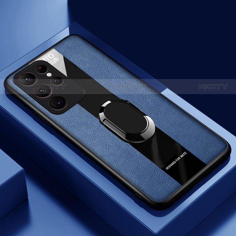 Silikon Hülle Handyhülle Gummi Schutzhülle Flexible Leder Tasche mit Magnetisch Fingerring Ständer S04 für Samsung Galaxy S21 Ultra 5G groß