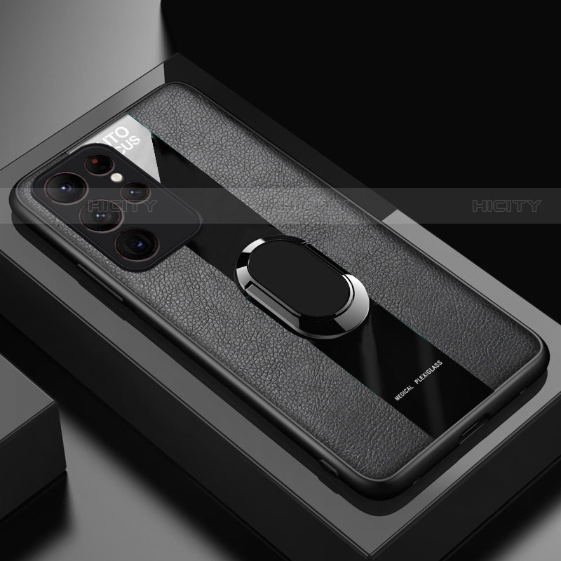 Silikon Hülle Handyhülle Gummi Schutzhülle Flexible Leder Tasche mit Magnetisch Fingerring Ständer S04 für Samsung Galaxy S21 Ultra 5G groß