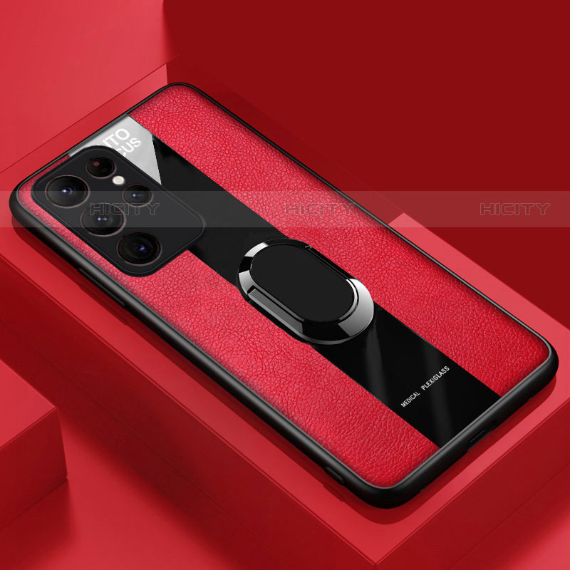 Silikon Hülle Handyhülle Gummi Schutzhülle Flexible Leder Tasche mit Magnetisch Fingerring Ständer S04 für Samsung Galaxy S21 Ultra 5G groß