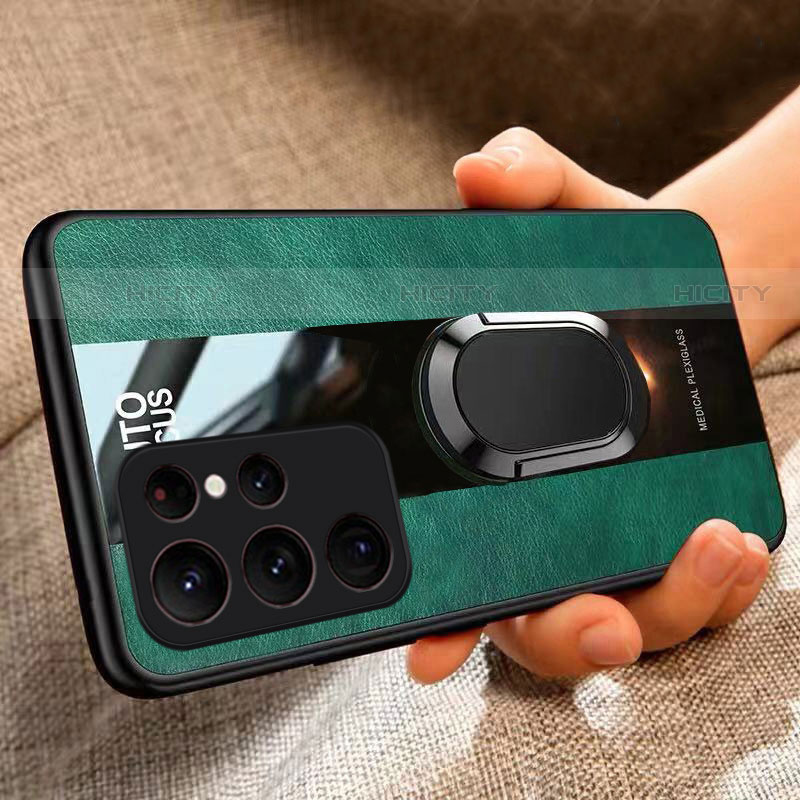 Silikon Hülle Handyhülle Gummi Schutzhülle Flexible Leder Tasche mit Magnetisch Fingerring Ständer S04 für Samsung Galaxy S21 Ultra 5G groß