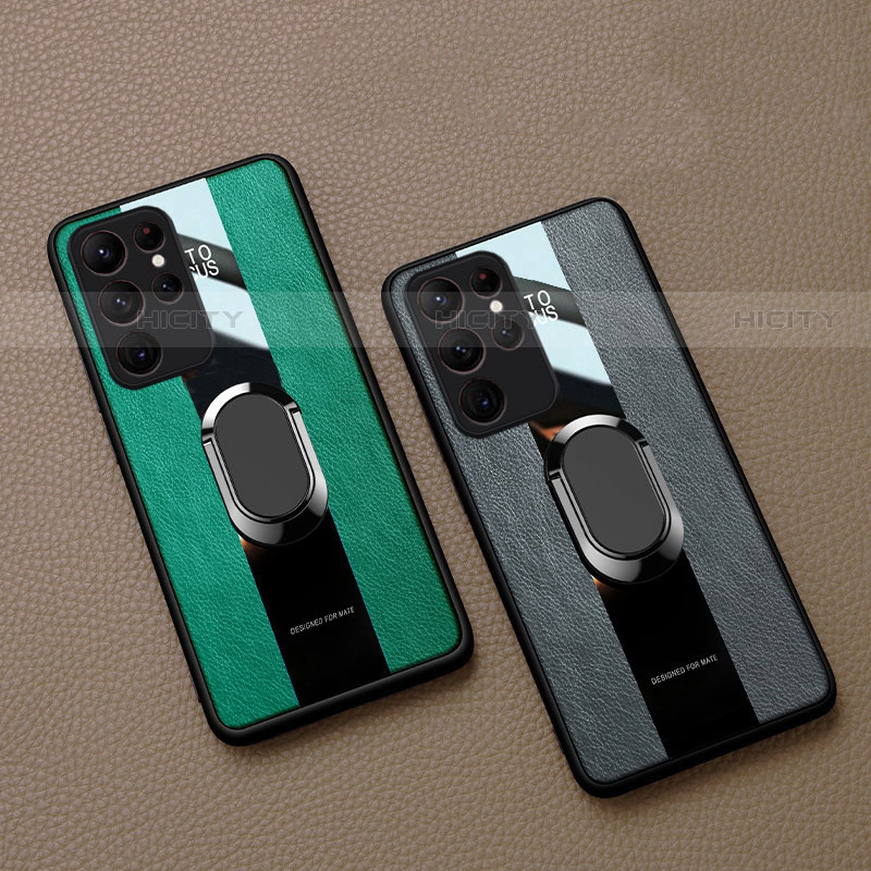 Silikon Hülle Handyhülle Gummi Schutzhülle Flexible Leder Tasche mit Magnetisch Fingerring Ständer S04 für Samsung Galaxy S21 Ultra 5G groß