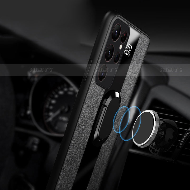 Silikon Hülle Handyhülle Gummi Schutzhülle Flexible Leder Tasche mit Magnetisch Fingerring Ständer S04 für Samsung Galaxy S21 Ultra 5G groß