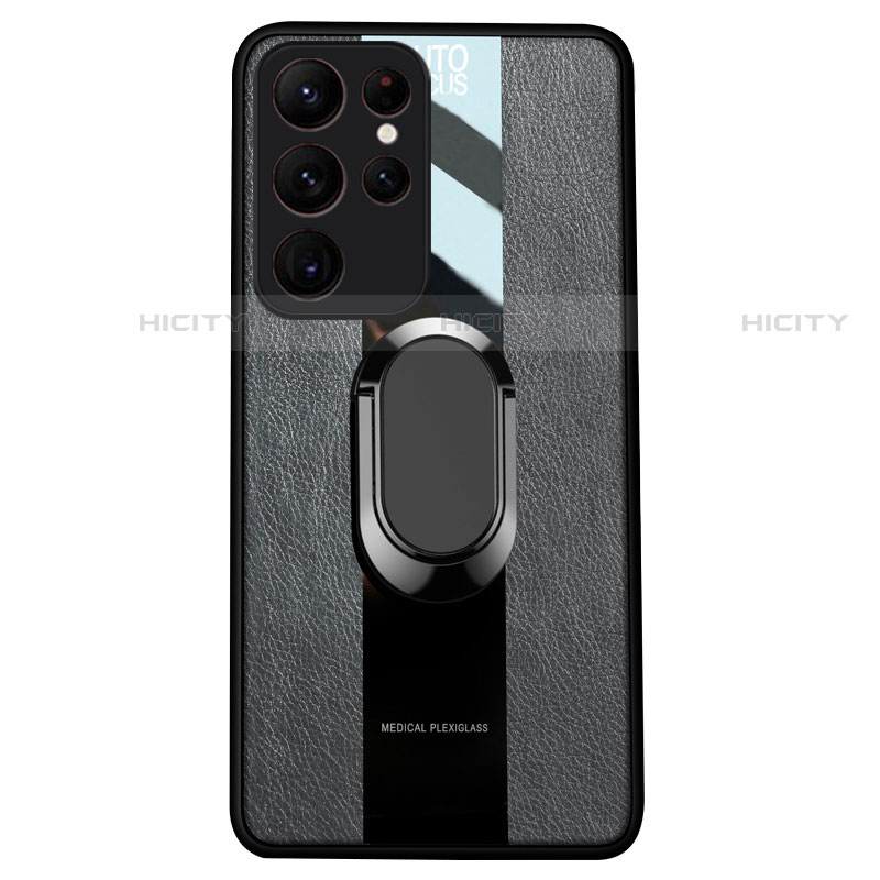 Silikon Hülle Handyhülle Gummi Schutzhülle Flexible Leder Tasche mit Magnetisch Fingerring Ständer S04 für Samsung Galaxy S21 Ultra 5G groß