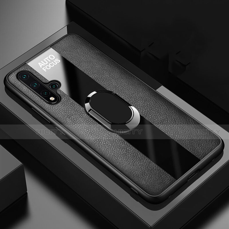Silikon Hülle Handyhülle Gummi Schutzhülle Flexible Leder Tasche mit Magnetisch Fingerring Ständer T01 für Huawei Nova 5 Schwarz Plus