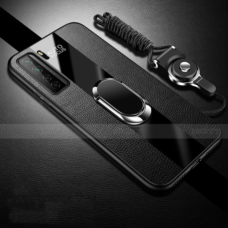 Silikon Hülle Handyhülle Gummi Schutzhülle Flexible Leder Tasche mit Magnetisch Fingerring Ständer T01 für Huawei Nova 7 SE 5G