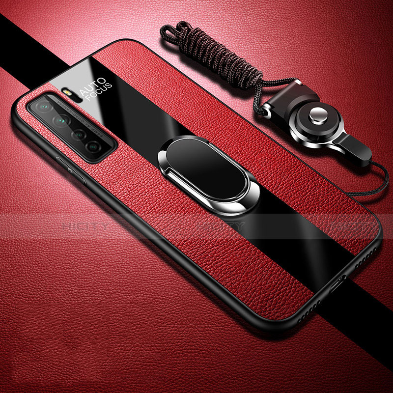 Silikon Hülle Handyhülle Gummi Schutzhülle Flexible Leder Tasche mit Magnetisch Fingerring Ständer T01 für Huawei Nova 7 SE 5G Rot