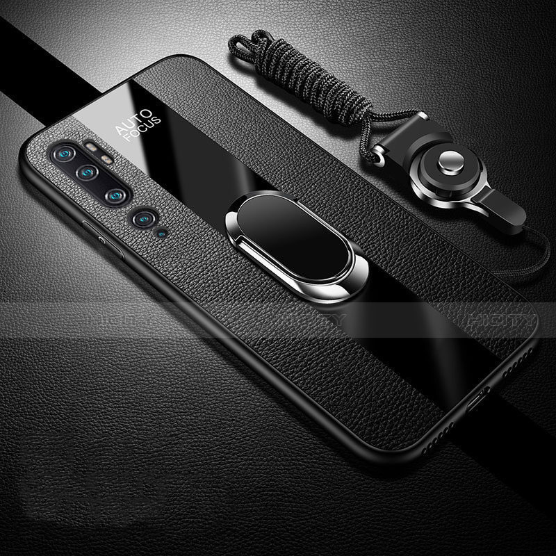 Silikon Hülle Handyhülle Gummi Schutzhülle Flexible Leder Tasche mit Magnetisch Fingerring Ständer T01 für Xiaomi Mi Note 10 groß