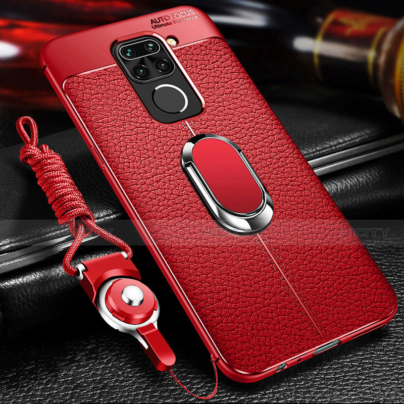 Silikon Hülle Handyhülle Gummi Schutzhülle Flexible Leder Tasche mit Magnetisch Fingerring Ständer T01 für Xiaomi Redmi Note 9 Rot