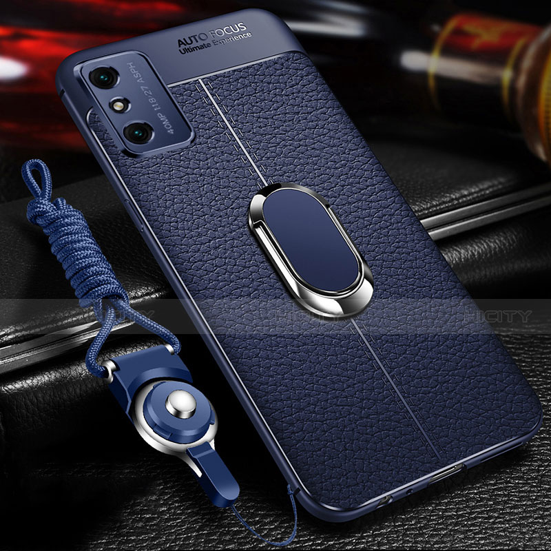 Silikon Hülle Handyhülle Gummi Schutzhülle Flexible Leder Tasche mit Magnetisch Fingerring Ständer T02 für Huawei Honor X10 Max 5G Blau