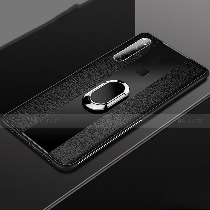 Silikon Hülle Handyhülle Gummi Schutzhülle Flexible Leder Tasche mit Magnetisch Fingerring Ständer T03 für Xiaomi Redmi Note 8 (2021) Schwarz