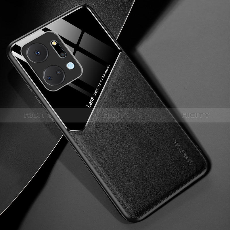 Silikon Hülle Handyhülle Gummi Schutzhülle Flexible Leder Tasche mit Magnetisch für Huawei Honor X7a Schwarz