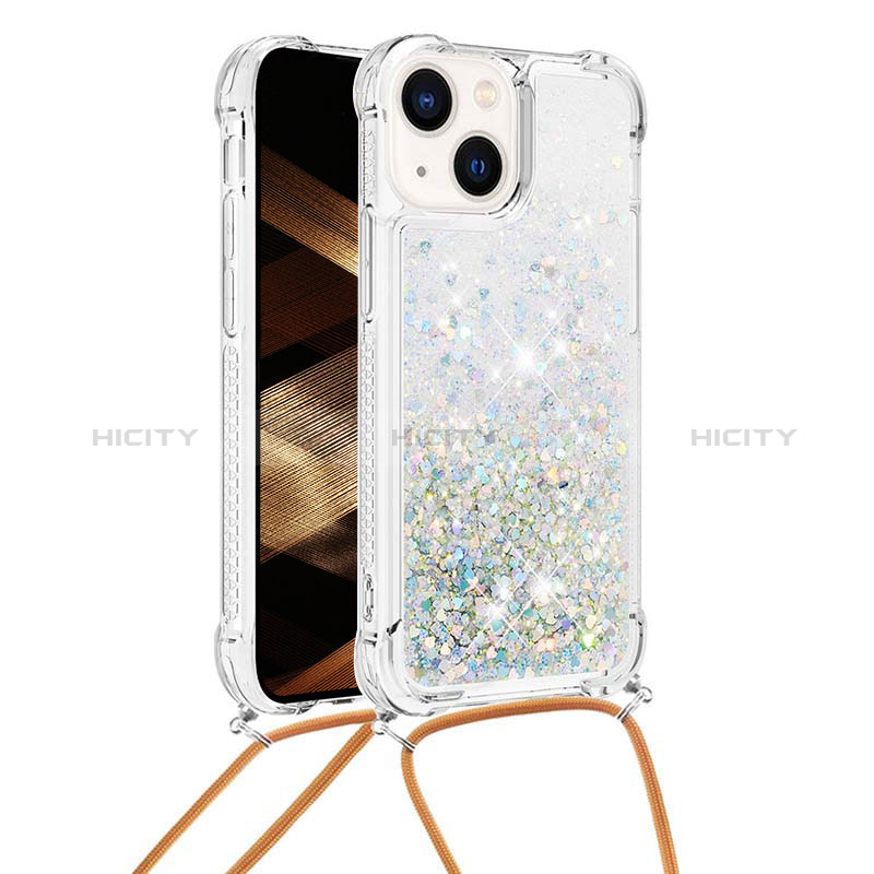 Silikon Hülle Handyhülle Gummi Schutzhülle Flexible Tasche Bling-Bling mit Schlüsselband Lanyard S02 für Apple iPhone 14 groß