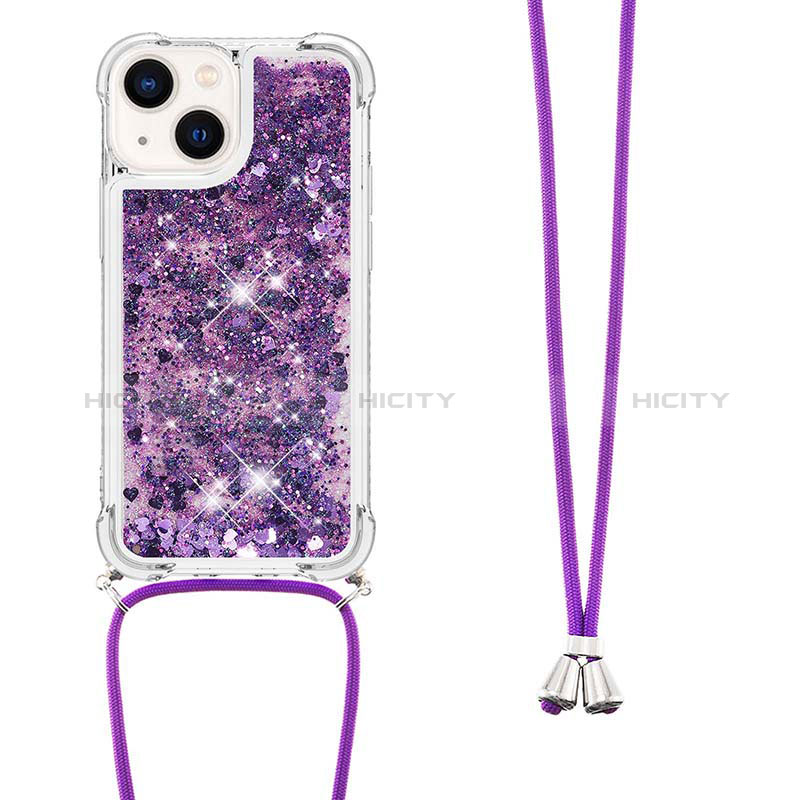 Silikon Hülle Handyhülle Gummi Schutzhülle Flexible Tasche Bling-Bling mit Schlüsselband Lanyard S02 für Apple iPhone 14 groß