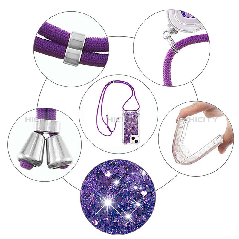Silikon Hülle Handyhülle Gummi Schutzhülle Flexible Tasche Bling-Bling mit Schlüsselband Lanyard S02 für Apple iPhone 14 groß