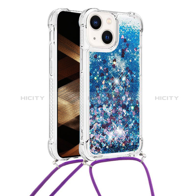 Silikon Hülle Handyhülle Gummi Schutzhülle Flexible Tasche Bling-Bling mit Schlüsselband Lanyard S02 für Apple iPhone 14 groß