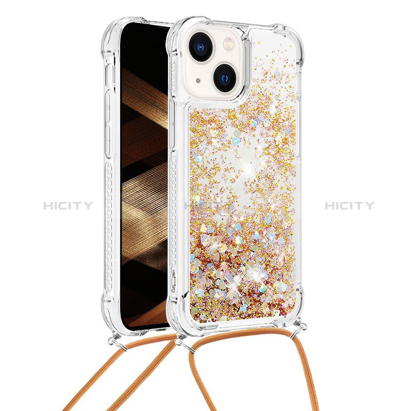 Silikon Hülle Handyhülle Gummi Schutzhülle Flexible Tasche Bling-Bling mit Schlüsselband Lanyard S02 für Apple iPhone 14 groß