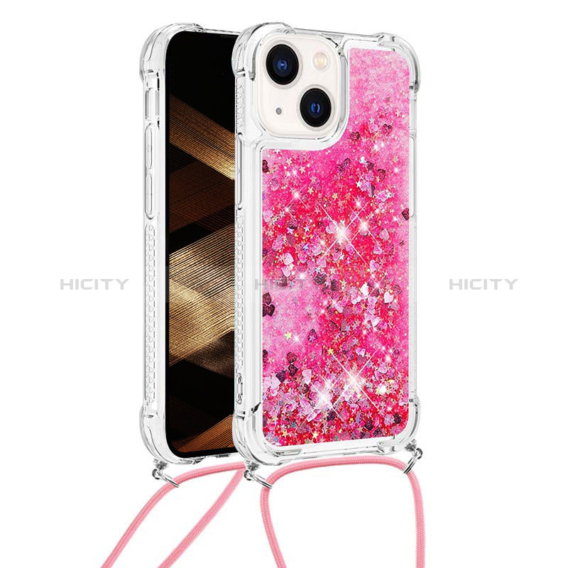 Silikon Hülle Handyhülle Gummi Schutzhülle Flexible Tasche Bling-Bling mit Schlüsselband Lanyard S02 für Apple iPhone 14 groß