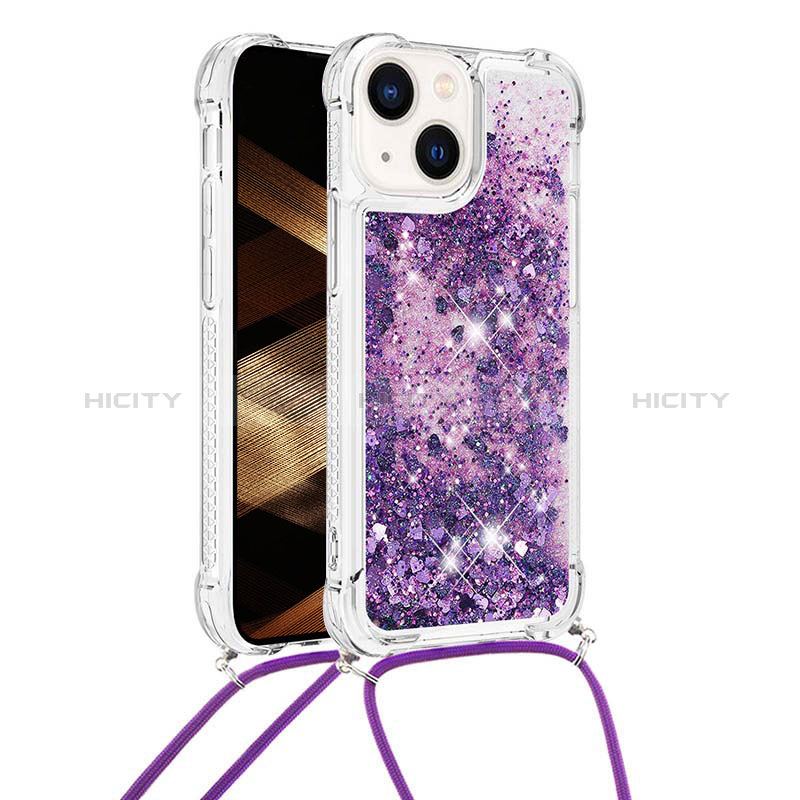 Silikon Hülle Handyhülle Gummi Schutzhülle Flexible Tasche Bling-Bling mit Schlüsselband Lanyard S02 für Apple iPhone 14 groß