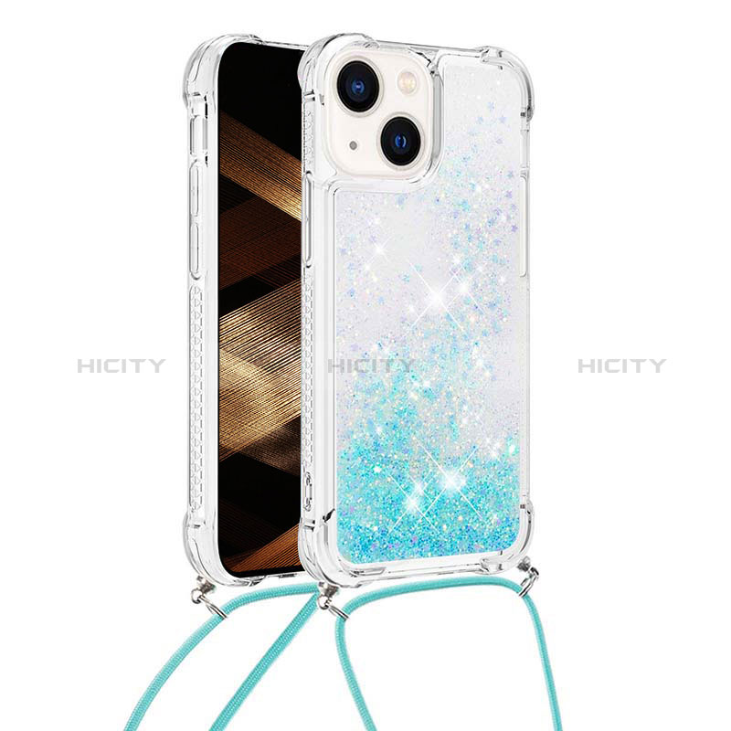 Silikon Hülle Handyhülle Gummi Schutzhülle Flexible Tasche Bling-Bling mit Schlüsselband Lanyard S02 für Apple iPhone 14 groß