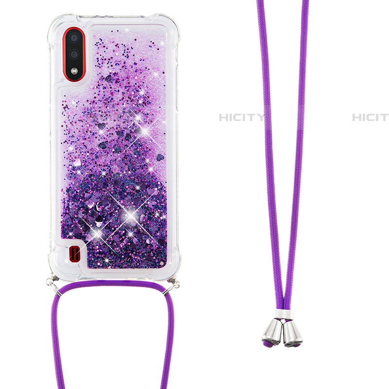 Silikon Hülle Handyhülle Gummi Schutzhülle Flexible Tasche Bling-Bling mit Schlüsselband Lanyard S03 für Samsung Galaxy A01 SM-A015 Violett