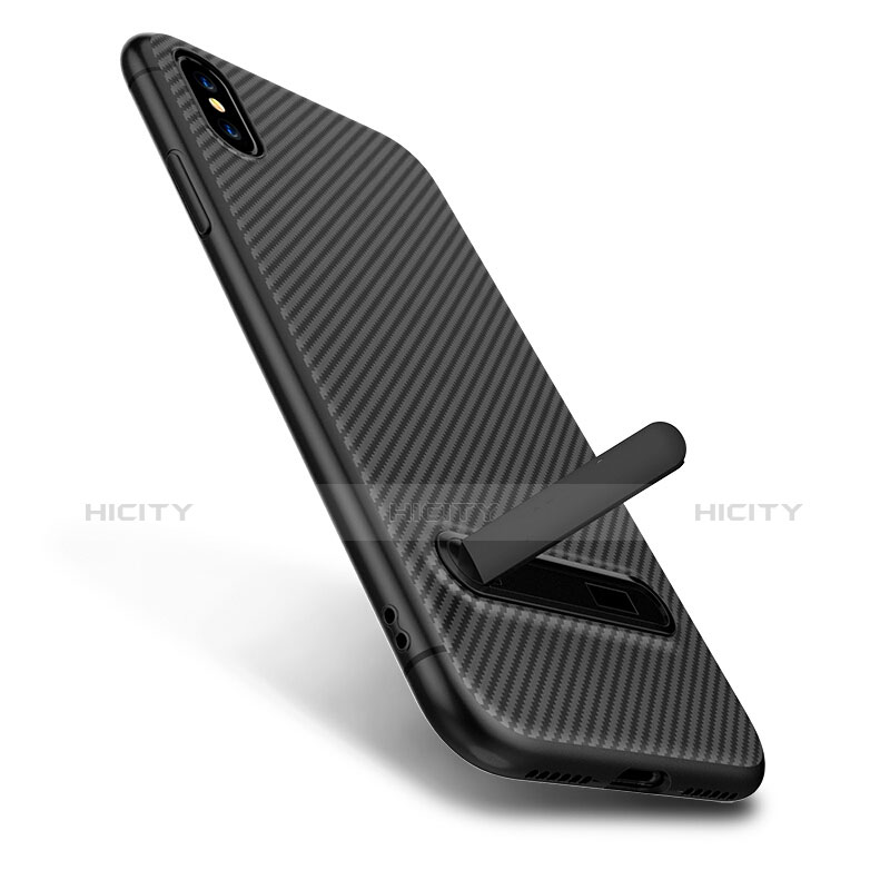 Silikon Hülle Handyhülle Gummi Schutzhülle Köper mit Ständer für Apple iPhone X Schwarz groß