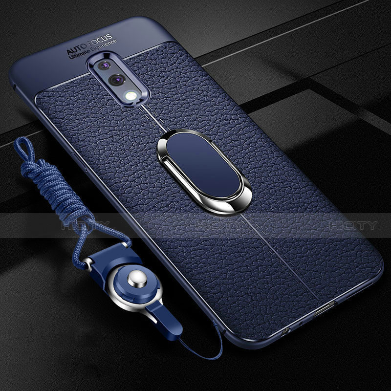 Silikon Hülle Handyhülle Gummi Schutzhülle Leder Tasche mit Magnetisch Fingerring Ständer für Oppo Realme X Blau Plus