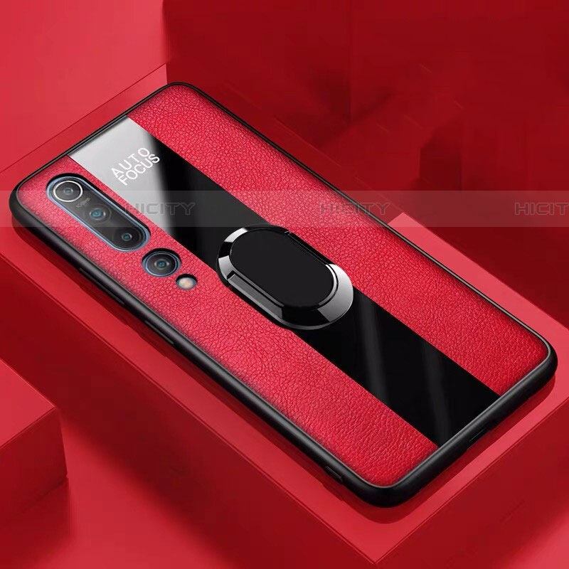 Silikon Hülle Handyhülle Gummi Schutzhülle Leder Tasche mit Magnetisch Fingerring Ständer S01 für Xiaomi Mi 10 Rot