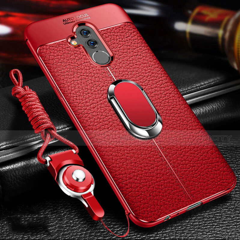 Silikon Hülle Handyhülle Gummi Schutzhülle Leder Tasche mit Magnetisch Fingerring Ständer T01 für Huawei Mate 20 Lite Rot