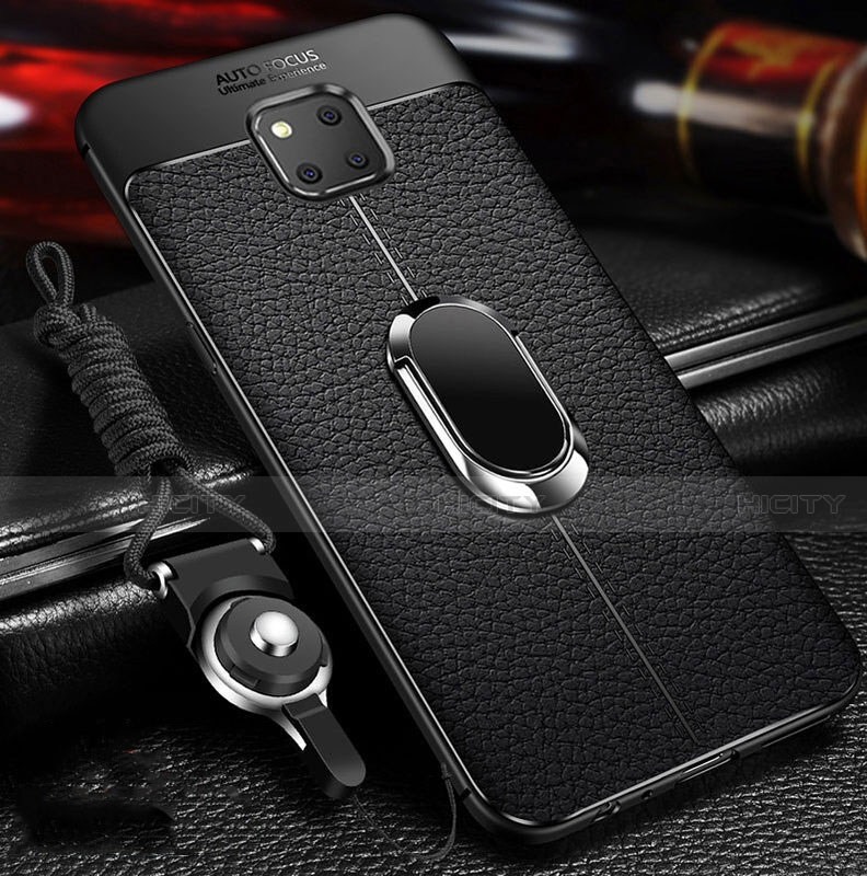 Silikon Hülle Handyhülle Gummi Schutzhülle Leder Tasche mit Magnetisch Fingerring Ständer T01 für Huawei Mate 20 Pro Schwarz Plus