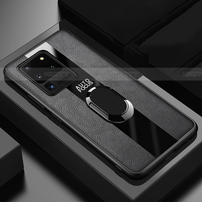 Silikon Hülle Handyhülle Gummi Schutzhülle Leder Tasche mit Magnetisch Fingerring Ständer T01 für Samsung Galaxy S20 Ultra groß