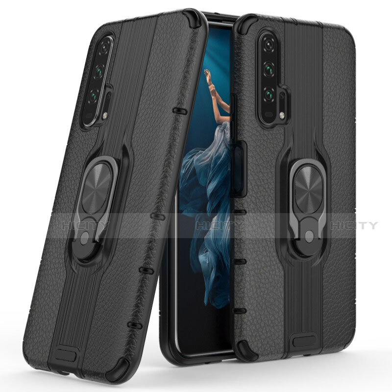 Silikon Hülle Handyhülle Gummi Schutzhülle Leder Tasche mit Magnetisch Fingerring Ständer T03 für Huawei Honor 20 Pro groß