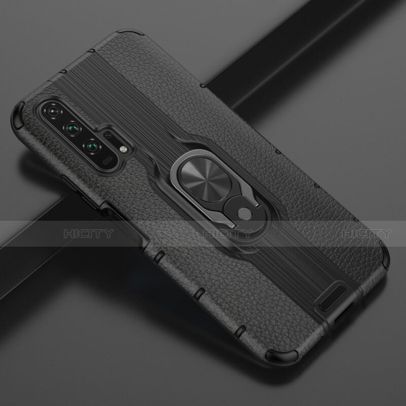Silikon Hülle Handyhülle Gummi Schutzhülle Leder Tasche mit Magnetisch Fingerring Ständer T03 für Huawei Honor 20 Pro Schwarz Plus