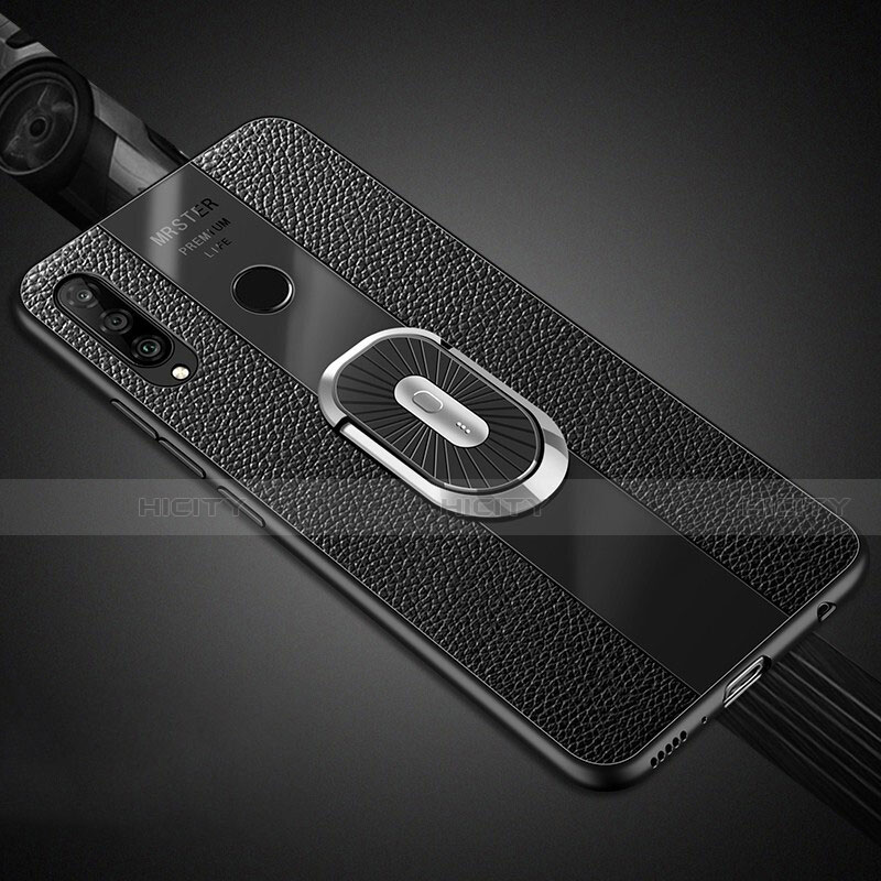 Silikon Hülle Handyhülle Gummi Schutzhülle Leder Tasche mit Magnetisch Fingerring Ständer T03 für Huawei P30 Lite groß