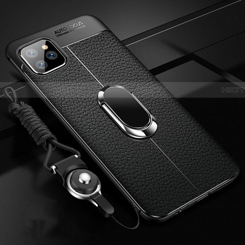 Silikon Hülle Handyhülle Gummi Schutzhülle Leder Tasche mit Magnetisch Fingerring Ständer T04 für Apple iPhone 11 Pro Max Schwarz