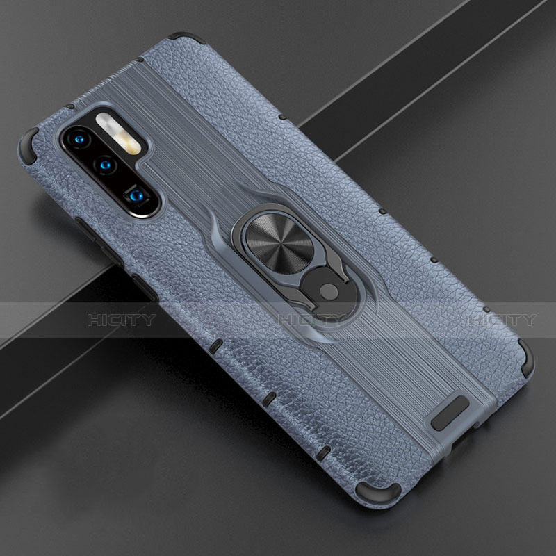 Silikon Hülle Handyhülle Gummi Schutzhülle Leder Tasche mit Magnetisch Fingerring Ständer T06 für Huawei P30 Pro Blau Plus