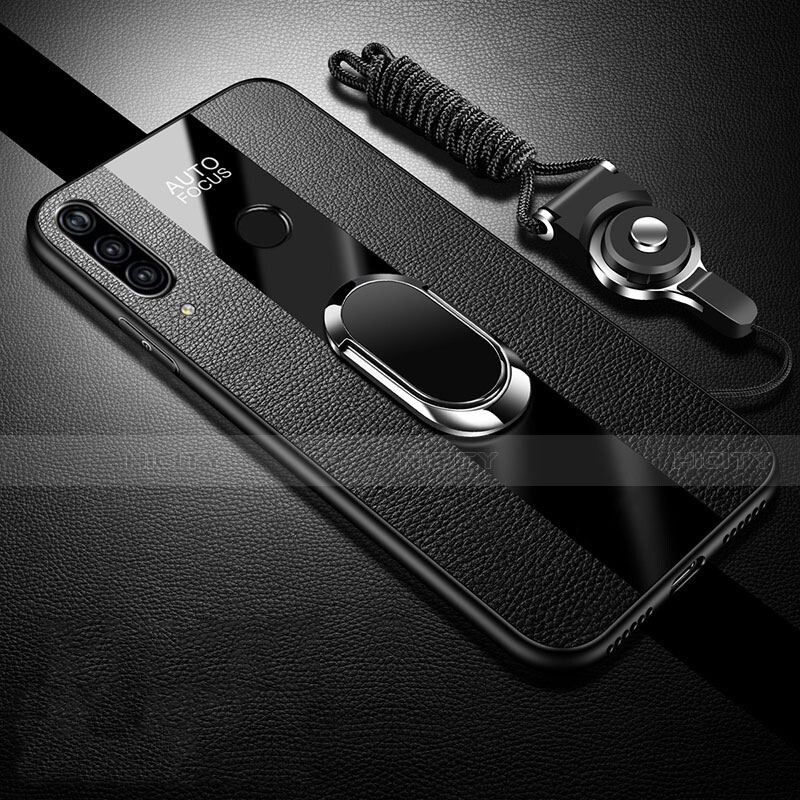 Silikon Hülle Handyhülle Gummi Schutzhülle Leder Tasche mit Magnetisch Fingerring Ständer Z02 für Huawei P30 Lite New Edition Schwarz