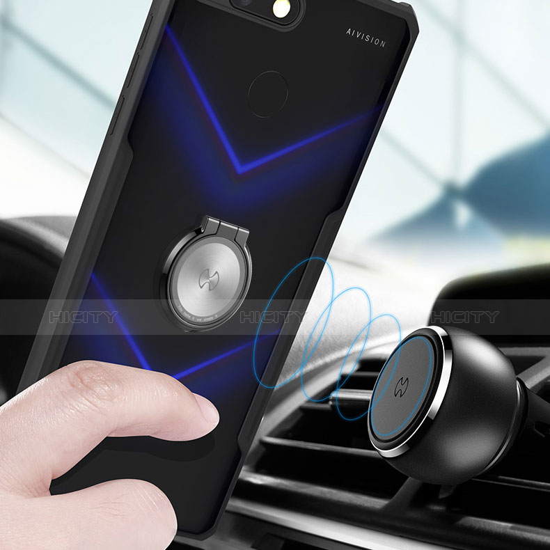 Silikon Hülle Handyhülle Rahmen Schutzhülle Durchsichtig Transparent Spiegel 360 Grad mit Magnetisch Fingerring Ständer für Huawei Honor V20 groß