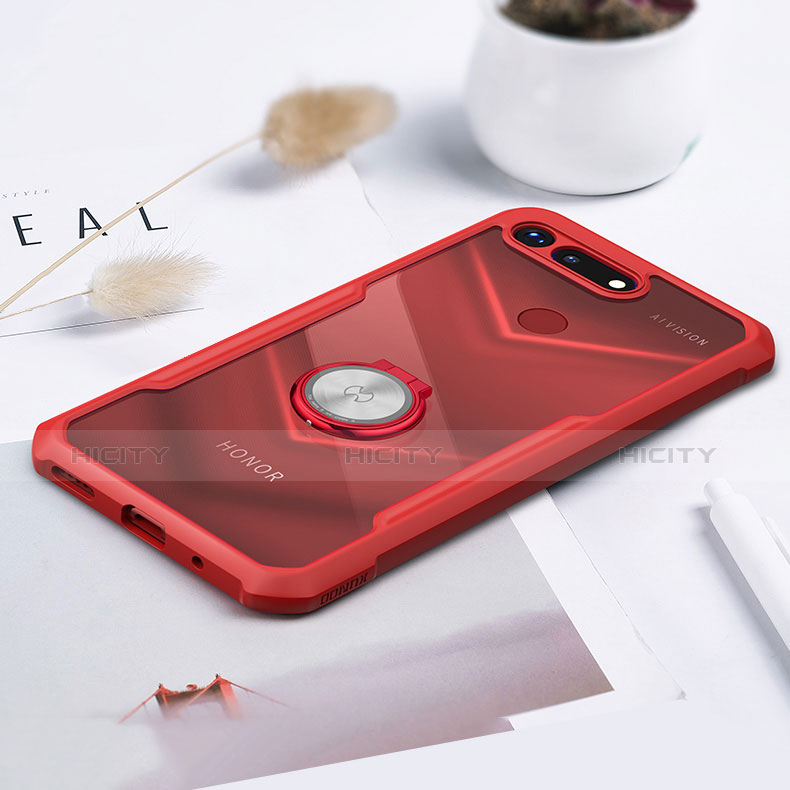 Silikon Hülle Handyhülle Rahmen Schutzhülle Durchsichtig Transparent Spiegel 360 Grad mit Magnetisch Fingerring Ständer für Huawei Honor V20 Rot Plus
