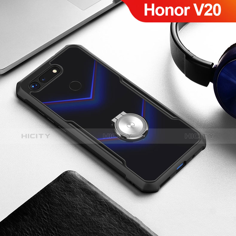 Silikon Hülle Handyhülle Rahmen Schutzhülle Durchsichtig Transparent Spiegel 360 Grad mit Magnetisch Fingerring Ständer für Huawei Honor V20 Schwarz Plus