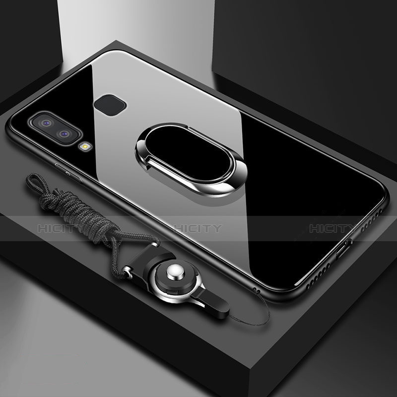 Silikon Hülle Handyhülle Rahmen Schutzhülle Durchsichtig Transparent Spiegel 360 Grad mit Magnetisch Fingerring Ständer für Samsung Galaxy A6s Schwarz