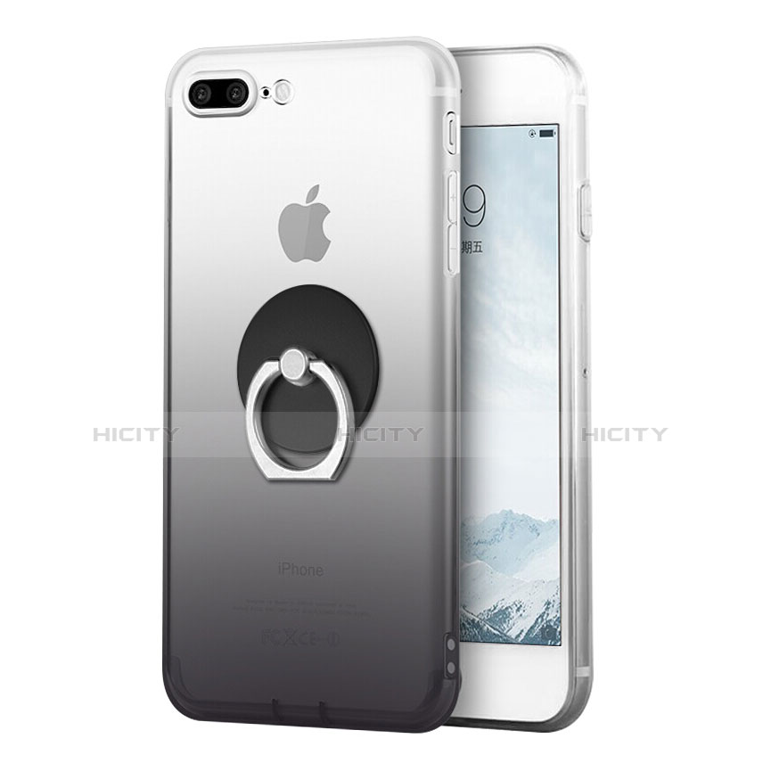 Silikon Hülle Handyhülle Ultra Dünn Schutzhülle Durchsichtig Farbverlauf mit Fingerring Ständer für Apple iPhone 8 Plus Grau Plus